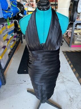 BCBGMaxAzria Black One-Shoulder Bandage Halter Dress